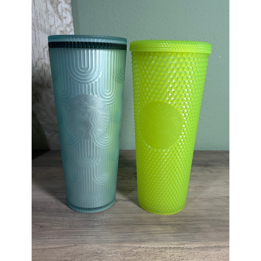 Starbucks Tumbler Unisex 24oz Green Blue Studded Scalloped Cold Cup Set 2pc